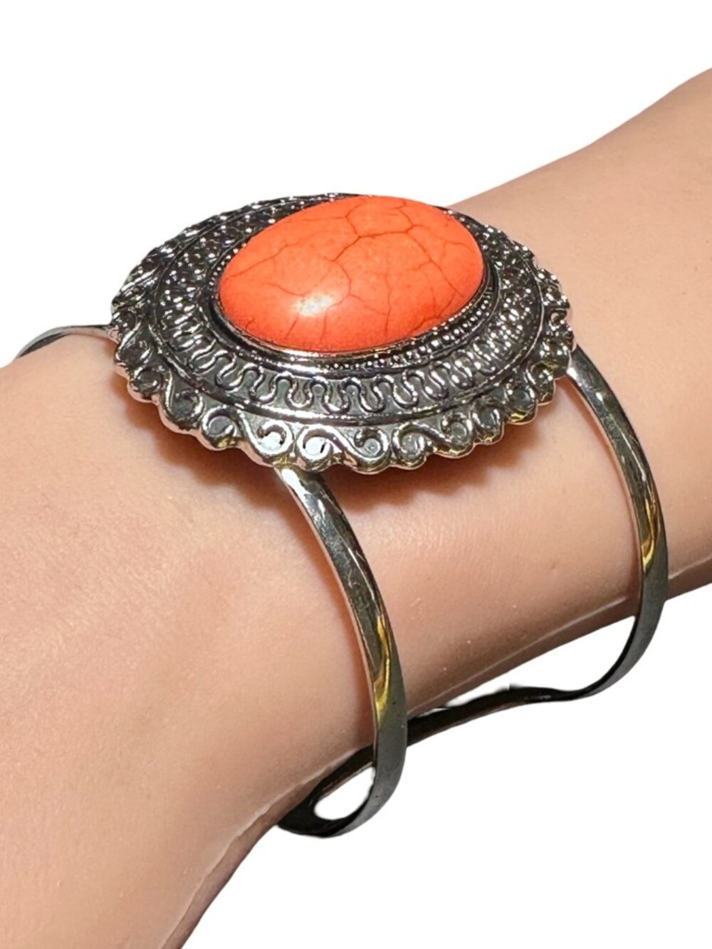 Southwestern Style Cuff Bracelet Silver Tone Filigree Orange Center Womens NWOT